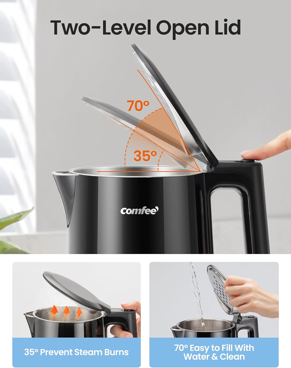 COMFEE' 1.7L Double Wall Electric Tea Kettle and Kettle Water Boiler, 100% Stainless Steel Interior & Lid & Spout, Two-Level Wide Open Lid, 1500W Fast Boiling, Auto-Off and Boil-Dry Protection