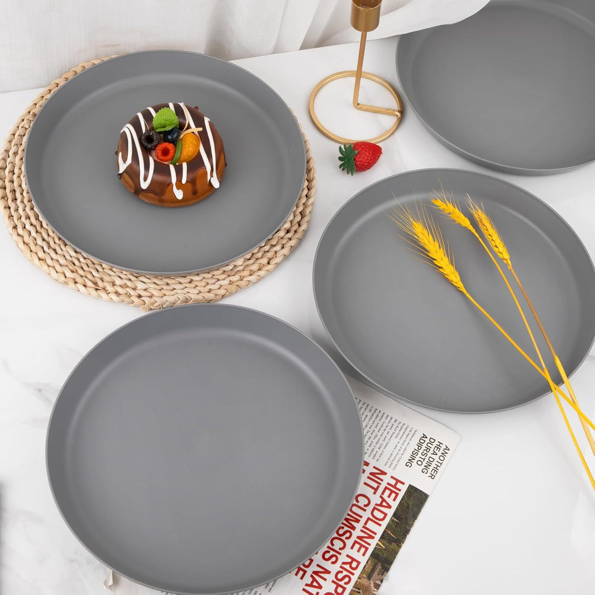 18pcs Dark Grey Wheat Straw Plate Set - Unbreakable Deep Dinner and Lightweight Salad Plates for Camping, Kitchen, Picnics