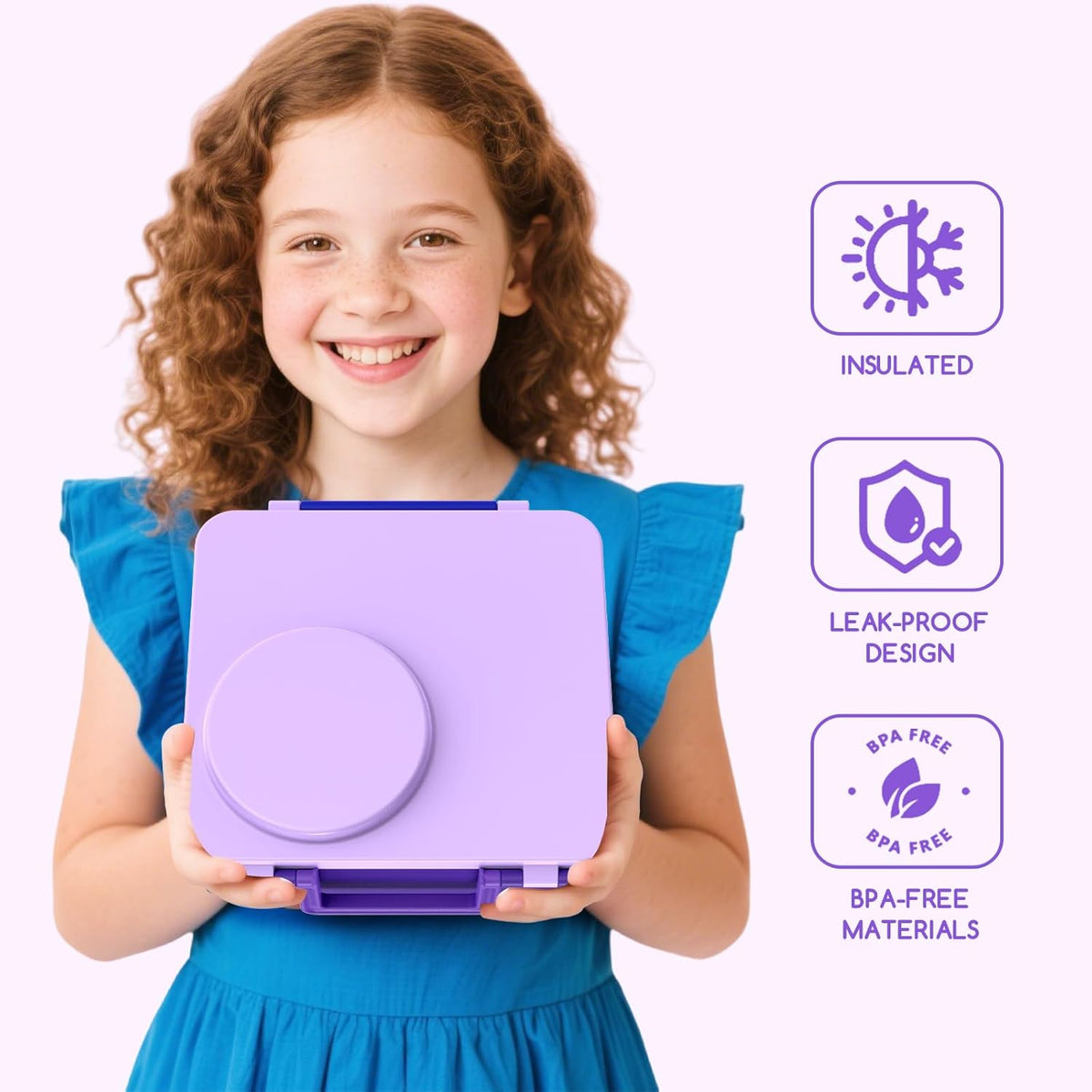 Bento Box for Kids - Leak-Proof Lunch Box with Insulated Thermos Food Jar - 4 Compartments, 1 Removable Divider, 1Spoon, 1 Fork - Dishwasher Safe, BPA-Free (Light purple)