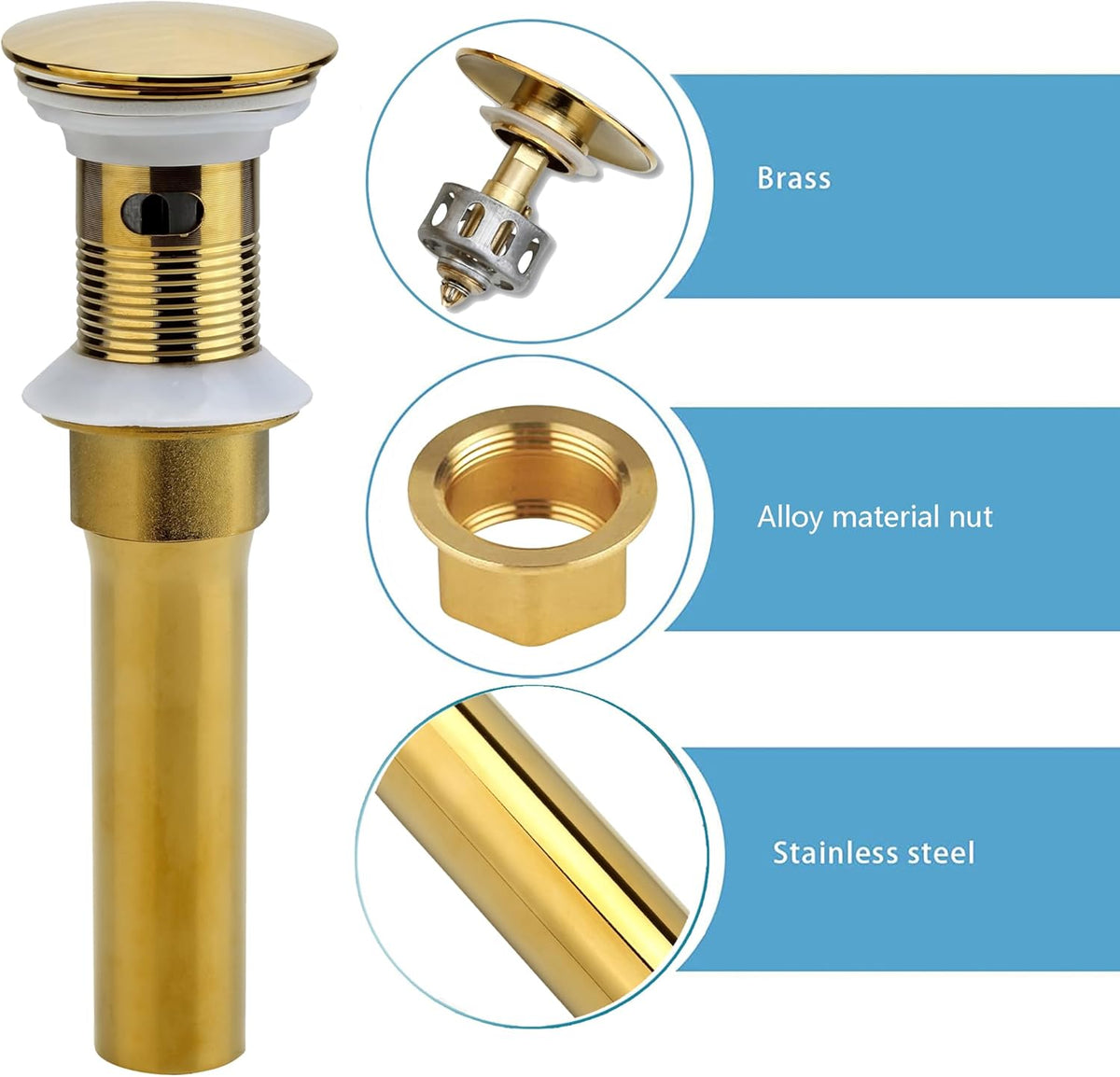 Bathroom Sink Drain, Gold Drain Stopper Bathroom Sink with Overflow,Pop Up Drain Assembly with Detachable Strainer Basket,Built-in Anti-Clogging Strainer,Stainless Steel
