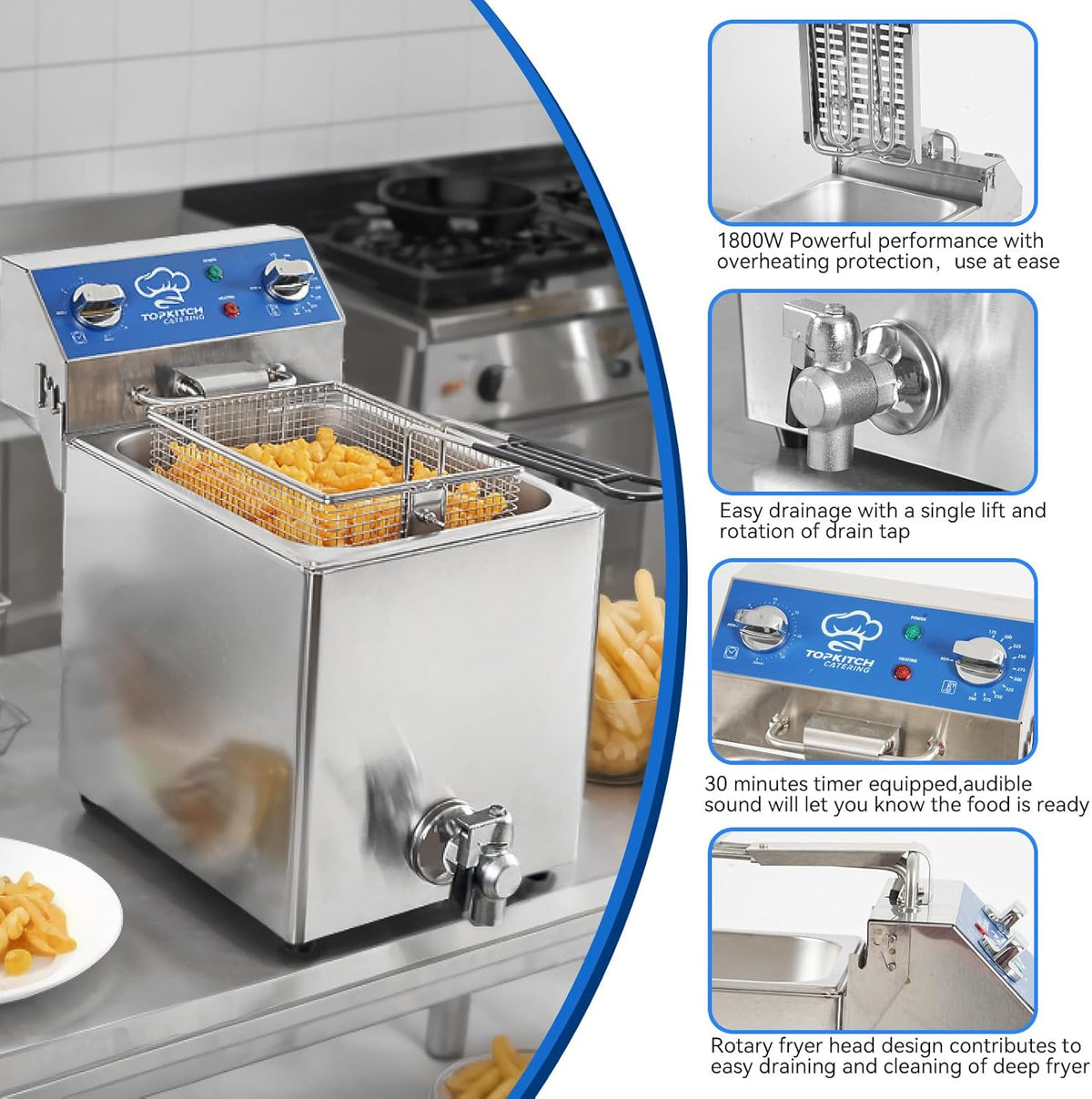 8.5Qt Electric Fryer with Oil Drain,30 Minutes Timer,Stretch forming oil tank,Lid and Solid Wire Mesh Basket,Medium Duty Commercial Electric Countertop Deep Fryers-120V,1800W