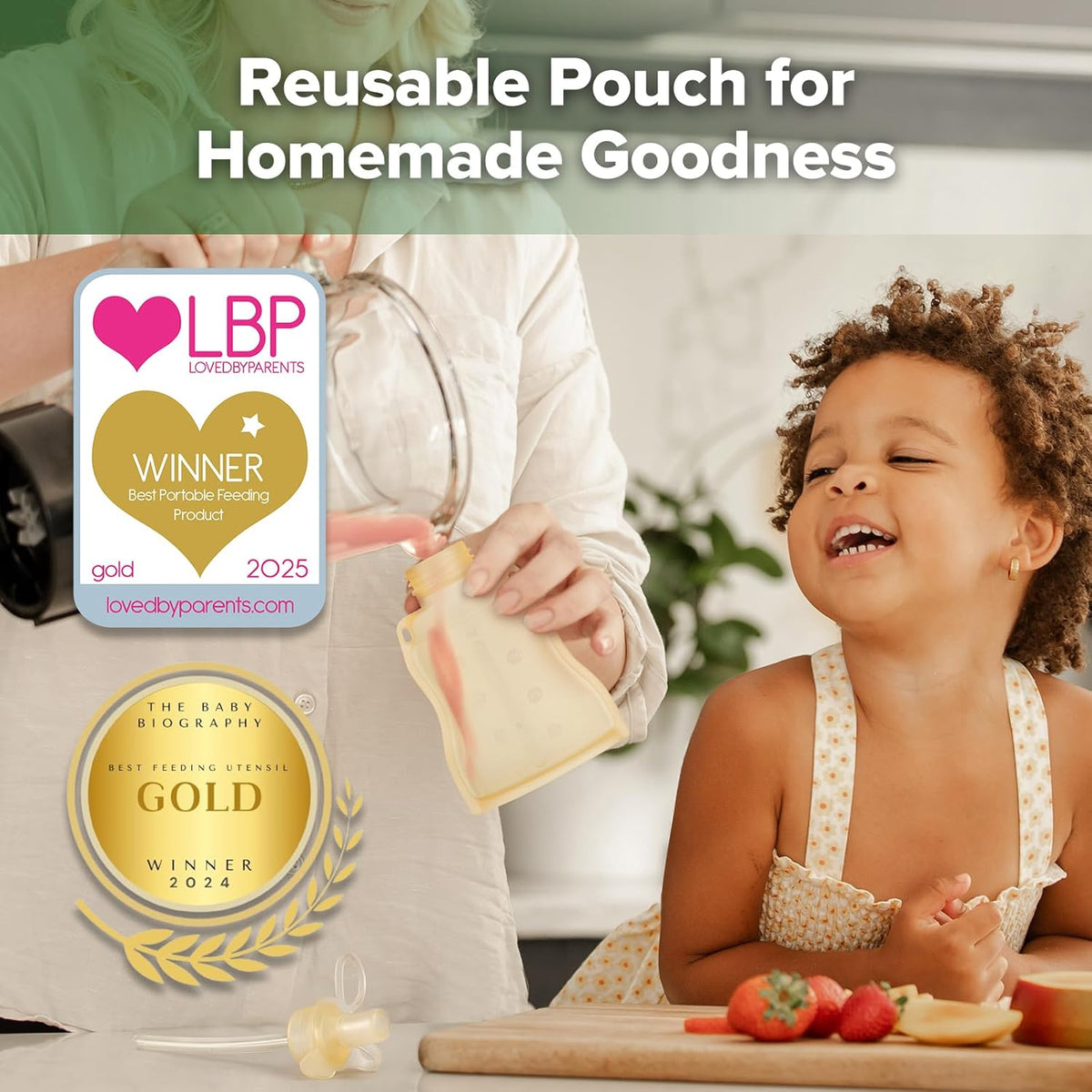 haakaa Pouch Reusable Baby Food Pouch, Reusable Pouches for Toddlers Kids Squeezable Pouch, Washable Freezer - Make Homemade Organic Food for Babies/Toddlers, 4oz, 2 Pack (Yellow)