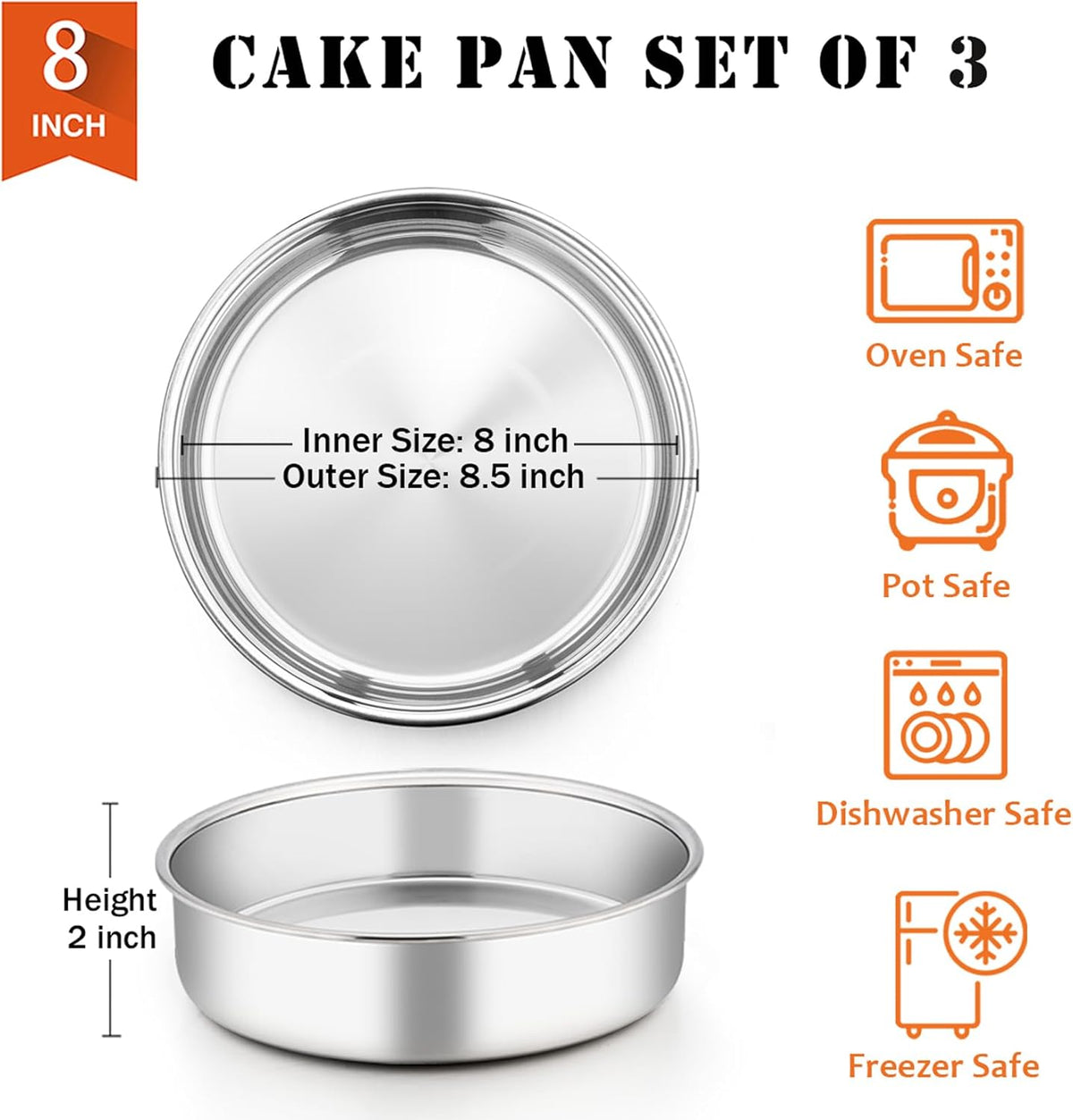 P&P CHEF 8 Inch Round Cake Pan Set of 3, Stainless Steel Round Baking Layer Pans Bakeware for Layer Birthday Cake, Fit Oven/Pots/Pressure Cooker, Leakproof & Dishwasher Safe, Silver