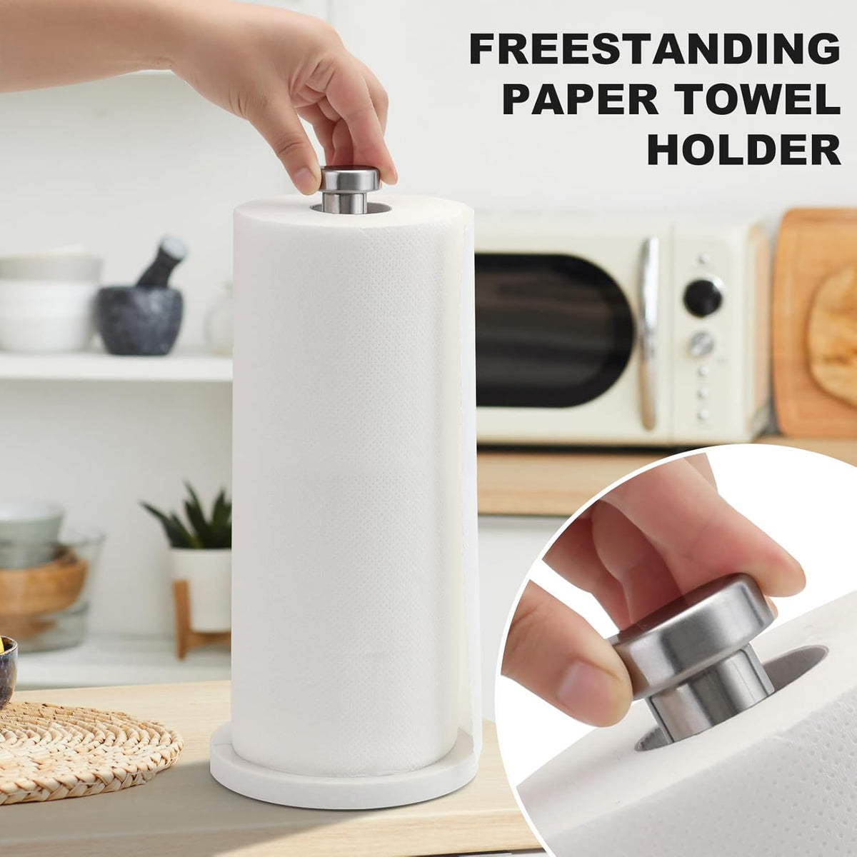 Standing Paper Towel Holder, Kitchen Paper Towel Roll Holder- for Bathroom Kitchen Countertop with Weighted Marble Base for One-Handed Operation (Silver), Silver Paper Towel Holder