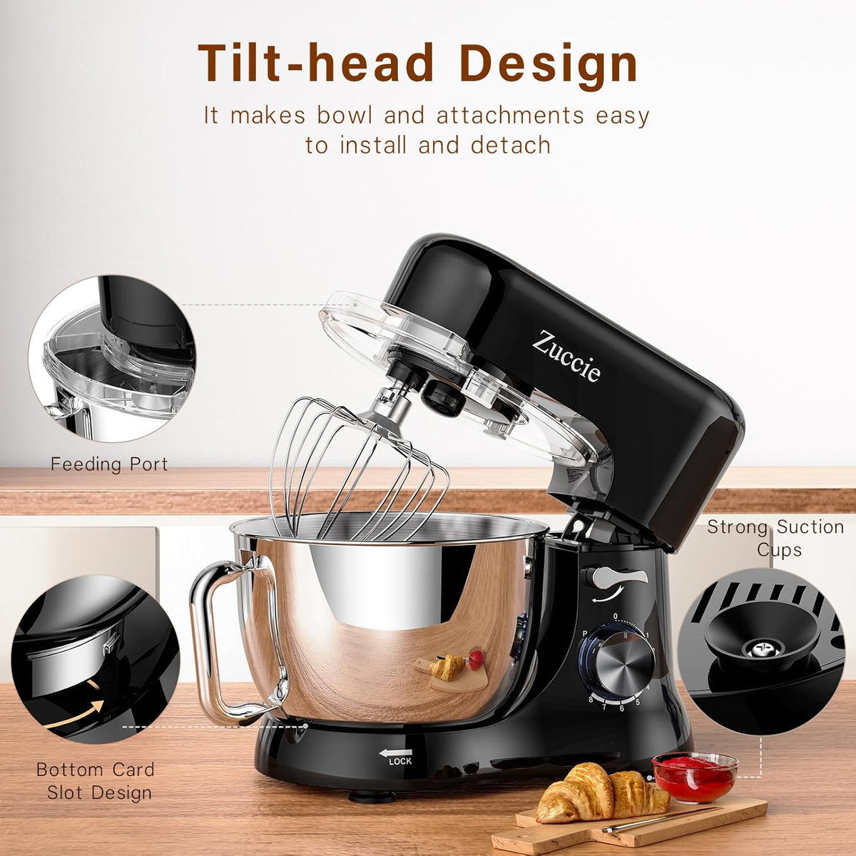 Stand Mixer, Zuccie 4.8QT Kitchen Electric Stand Mixer, 380W Motor Power Food Mixer, 8+P-Speed Dough Mixer with Dough Hook, Wire Whip & Beater, Black
