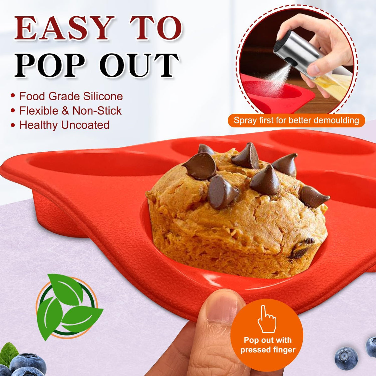 Walfos Silicone Muffin Pan - 6 Cup Non-Stick Silicone Cupcake Pan, Just PoP Out! Food Grade and BPA Free Baking Cups, Perfect for Egg Muffin, Cupcake, Dishwasher Safe (2 Pack Muffin Pan)