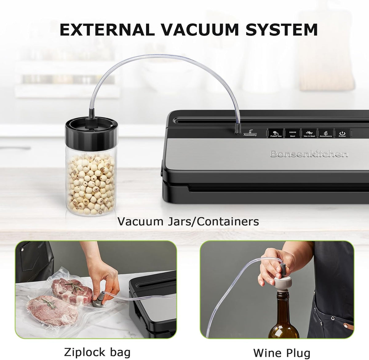 Bonsenkitchen Vacuum Sealer Machine, Multi-Functional Food Sealer with 50 Vacuum Bags & 1 Roll for Food Storage, Built-in Cutter, Black
