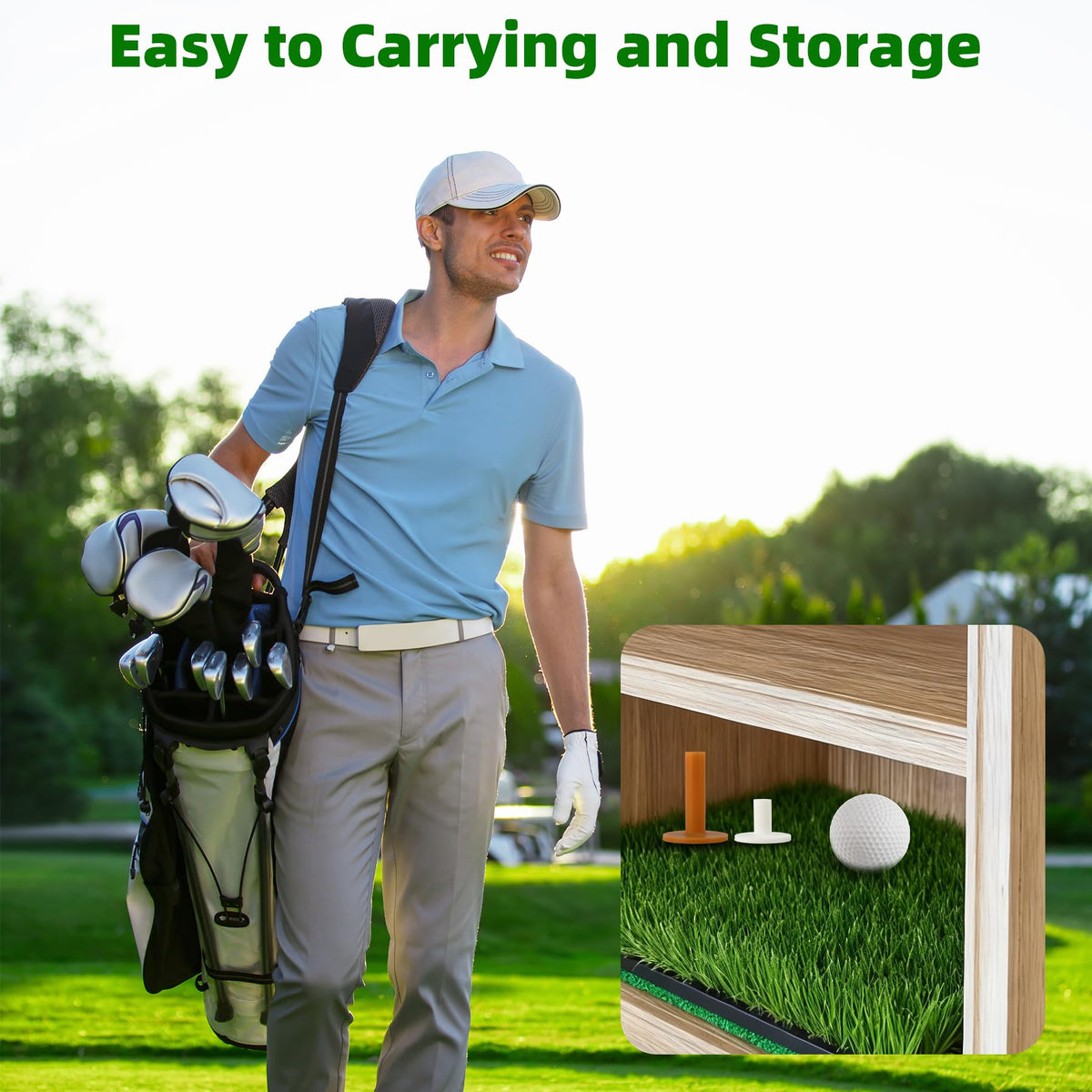 Dual-Turf Golf Hitting Mat – Golf Practice Mat, Foldable & Portable Golf Turf Mat with 8 tees, Golf Chipping & Putting Mat for Indoor/Outdoor Practice