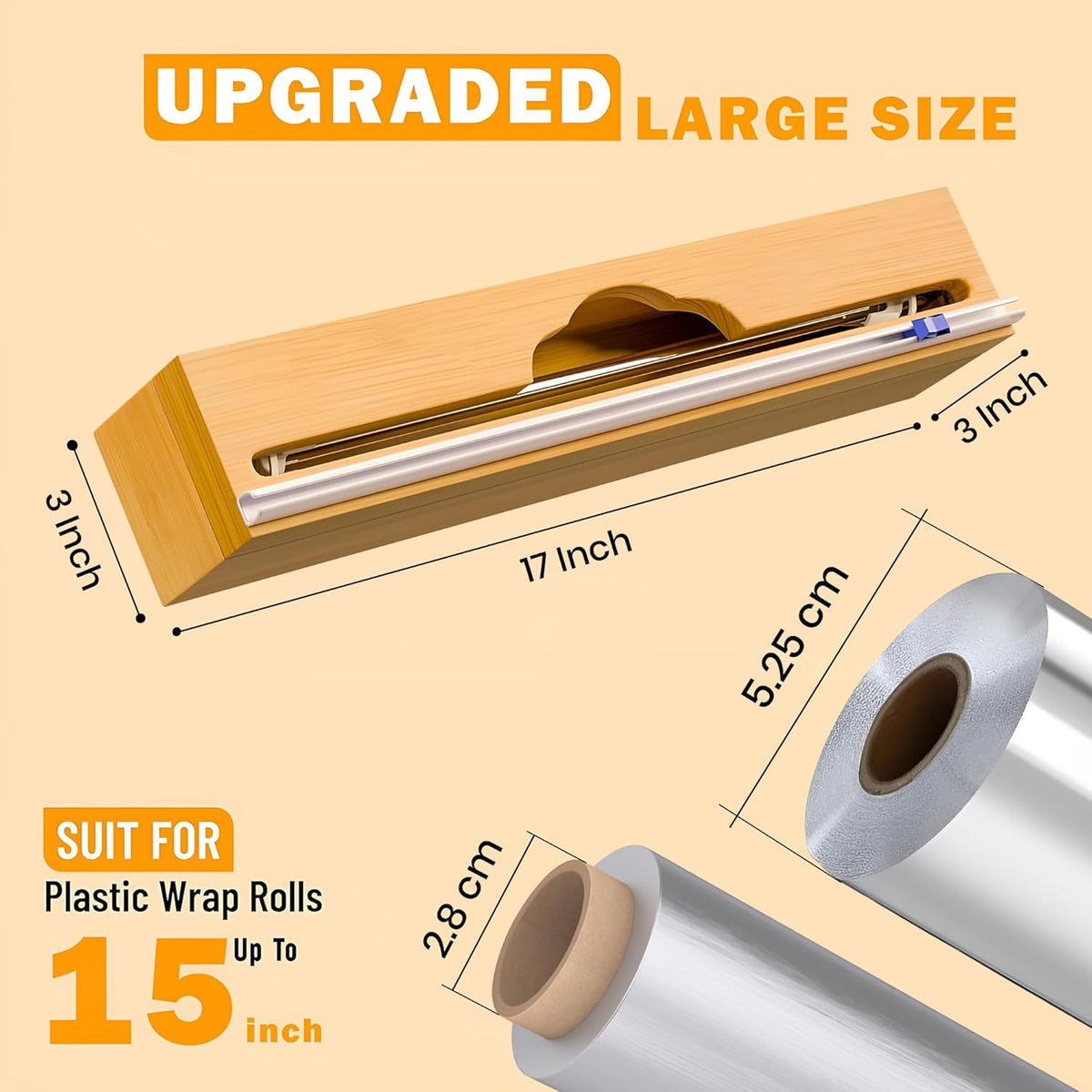 15'' Bamboo Plastic Wrap Dispenser with Cutter- Aluminum Foil Dispenser for Plastic Wrap, Parchment Paper Roll - Kitchen Wrap Dispenser with Cutter for Kitchen – Fits Up to 15'' Rolls