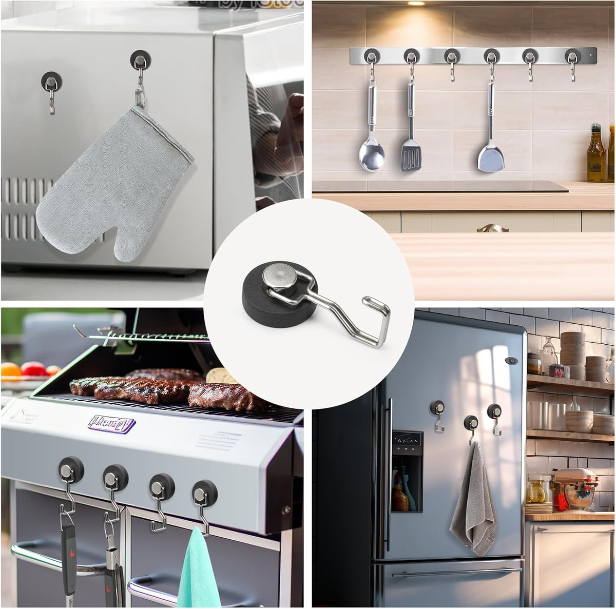 Magnetic Hooks for Outdoor Grill,Essential for Cruise Ship Cabins & Refrigerator,2 Pack Strong Rubber Coated Fridge Hooks, Scratchproof & Waterproof, Holds Keys, Towels, Crafts (Silver)