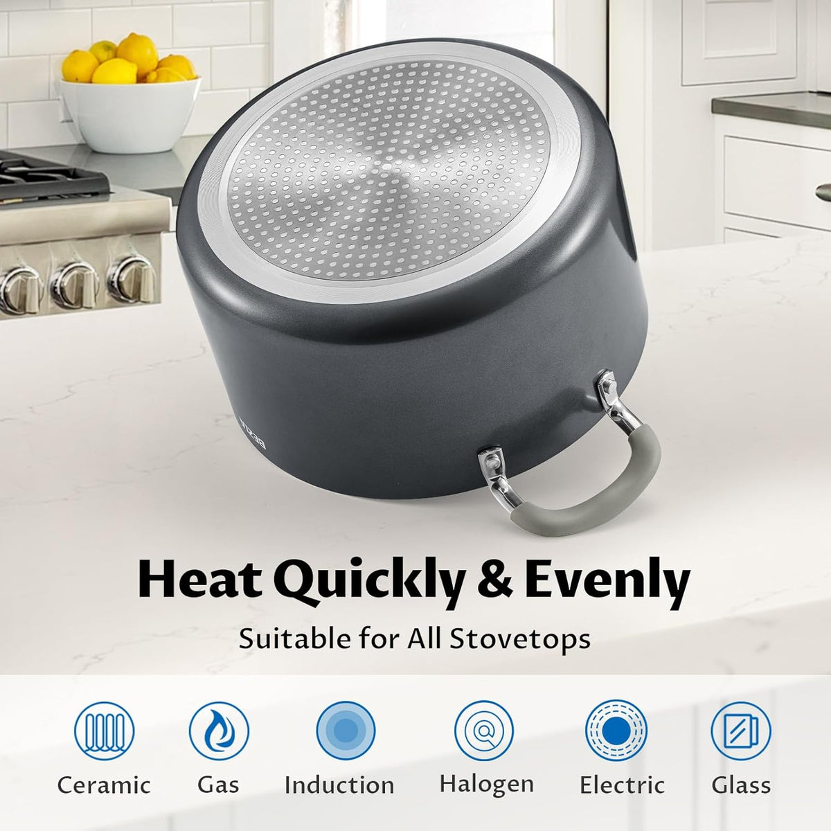 BEZIA 6 QT Cooking Pots with Lids, Soup Pot with Nonstick Ceramic Coating, Stay-Cool Handles, Nonstick Stock Pot with Strainer Lid, Dishwasher Safe, Induction Compatible