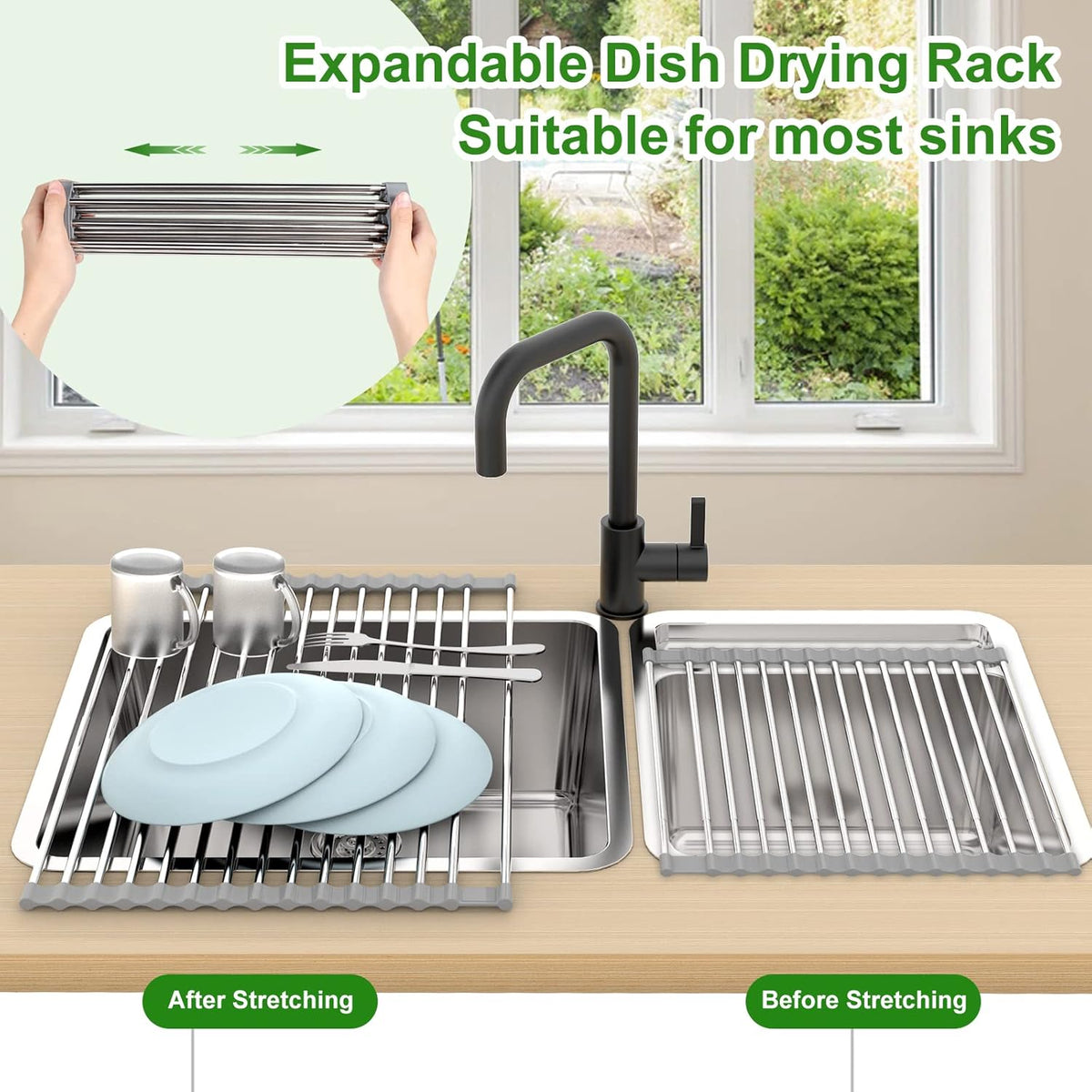Expandable Roll Up Dish Drying Rack, 23.6"L x 13.0"W Large Stainless Steel Over The Sink Dish Drying Rack with Silicone Wrapped Anti-Slip Foldable Multipurpose Dish Drainers for Kitchen Sink