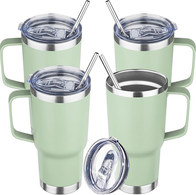 20 oz Tumbler with Handle Stainless Steel Insulated Coffee Mug Tumbler with Lid and Straw Double Wall Vacuum Insulated Coffee Mug Leak Proof Travel Mug Tumbler for Hot and Cold Drink (Green Tea,4pack)