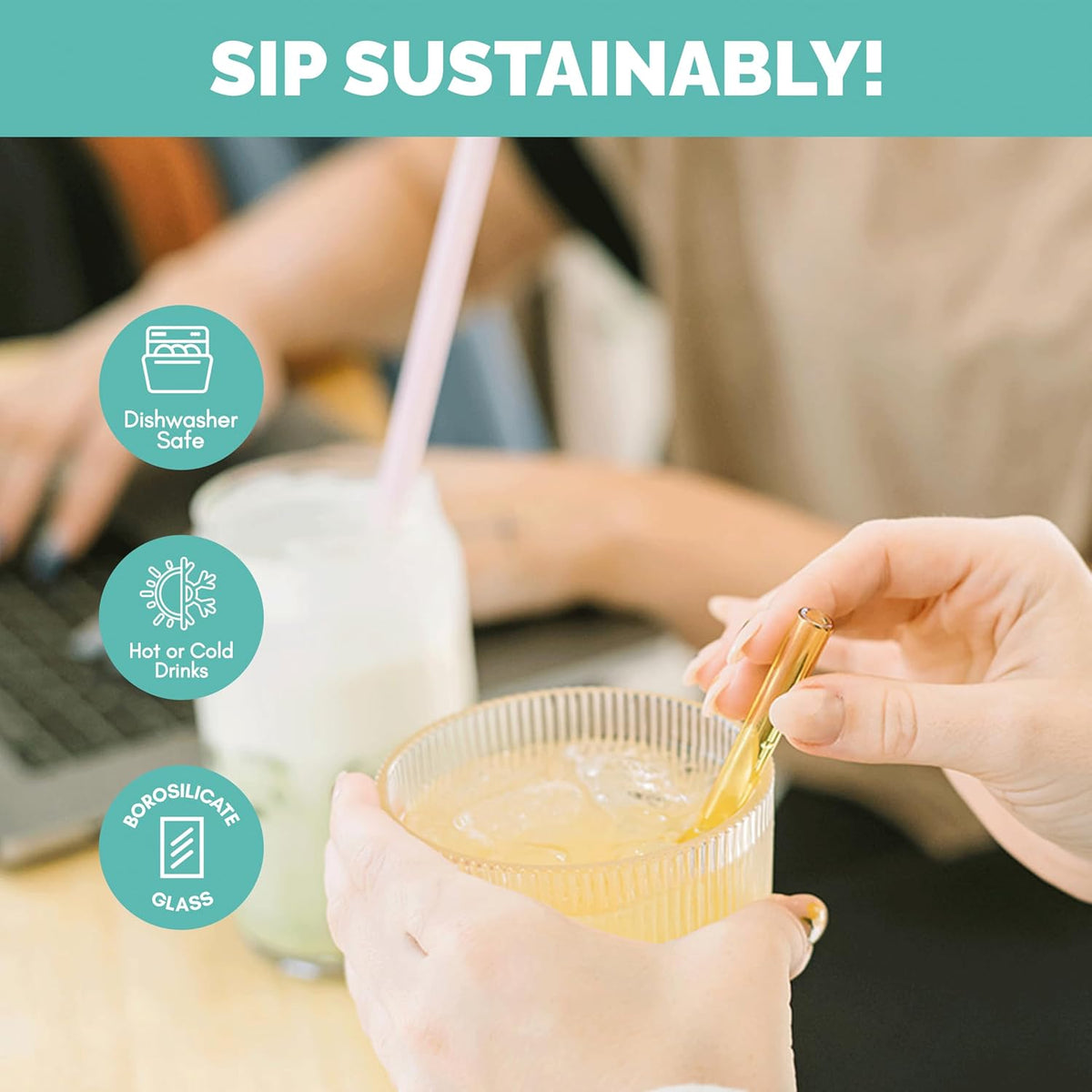 Simply Straws 6 Inch Glass Straws Bent (6-Pack) – Reusable Glass Straws for Low Balls & Stemless Glasses, with Cleaning Brush – Dishwasher Safe, Hot & Cold Use, BPA-Free (Air)