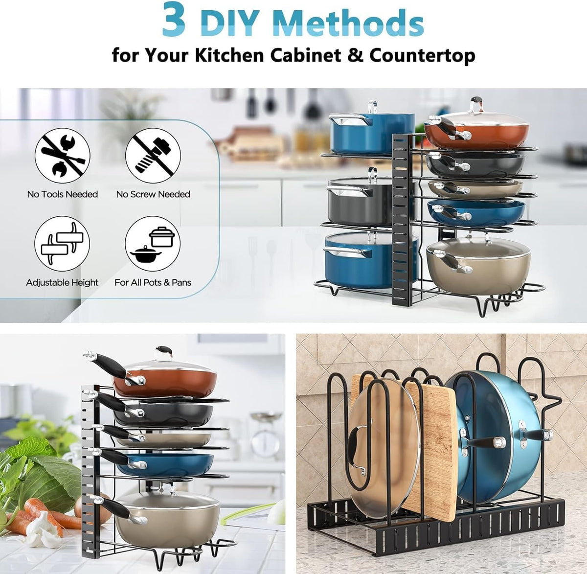 ORDORA Pots and Pans Organizer for Cabinet 16.61'' Height, 8 Tier Pot Organizers Rack with 3 DIY Methods, Adjustable Pan Organizer under Cabinet Kitchen Organization and Storage