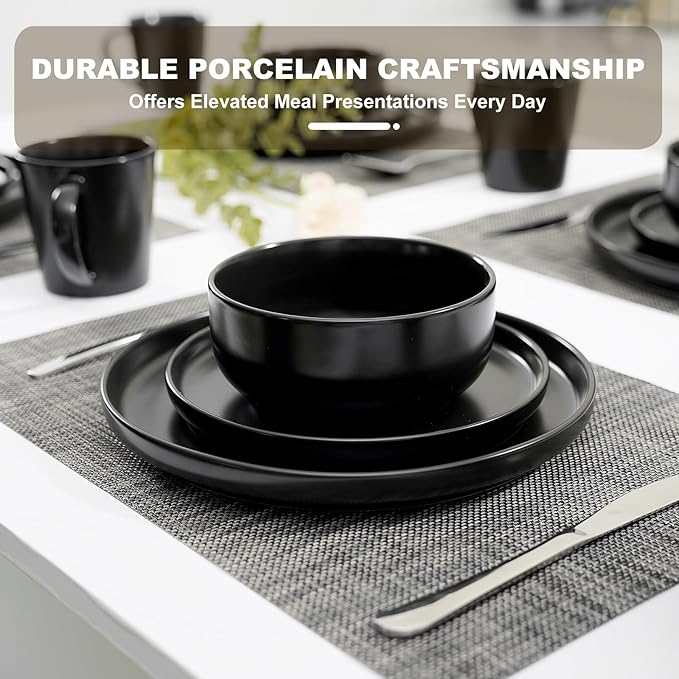 EWFEN 16-Piece Ceramic Dinnerware Sets with Mugs for 4, Black Plates and Bowls Set with Classic Design, Scratch Resistant Dishes Set, Dishwasher & Microwave Safe