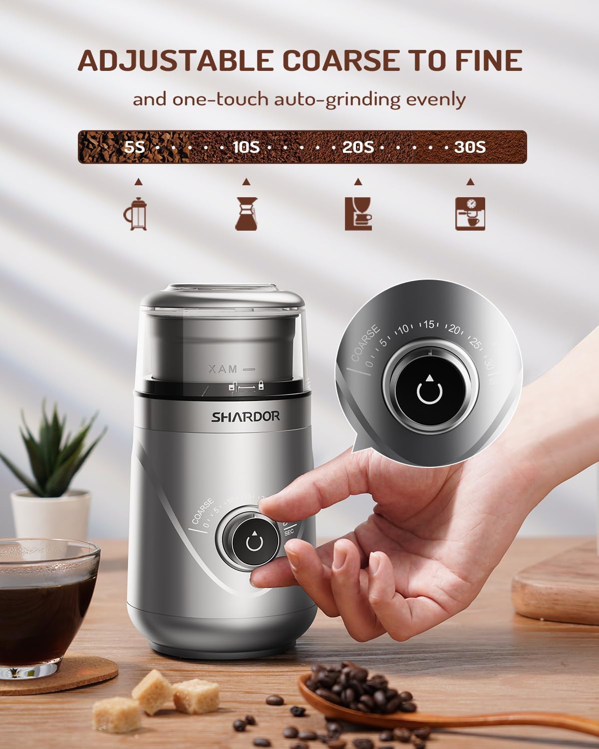 SHARDOR Adjustable Coffee Grinder Electric, Herb, Spice, Coffee Bean, Espresso Grinder with 1 Removable Stainless Steel Bowl, Silver,Updated,Version 2.0