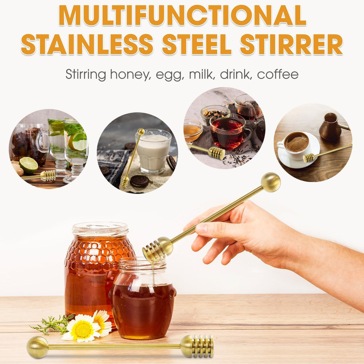 DUGATO Gold Honey Dipper Set (2 Pack, 6.3") - 304 Stainless Steel Honeycomb Sticks for Honey Pot Jar, Syrup Drizzler, Tea & Coffee Stirrer - Elegant Kitchen Utensil