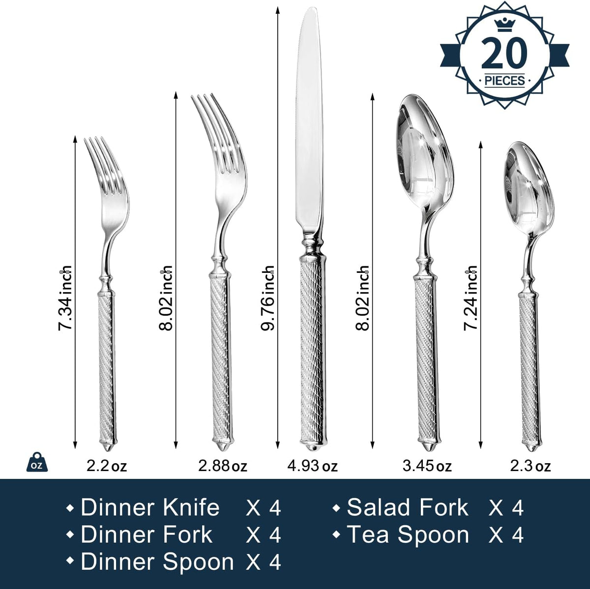KINGSTONE Retro Rope-Pattern Silverware Set, 20-Piece Flatware Set Cutlery Set Forged with Handcrafted Texture Handles 18/10 Stainless Steel, Dishwasher Safe