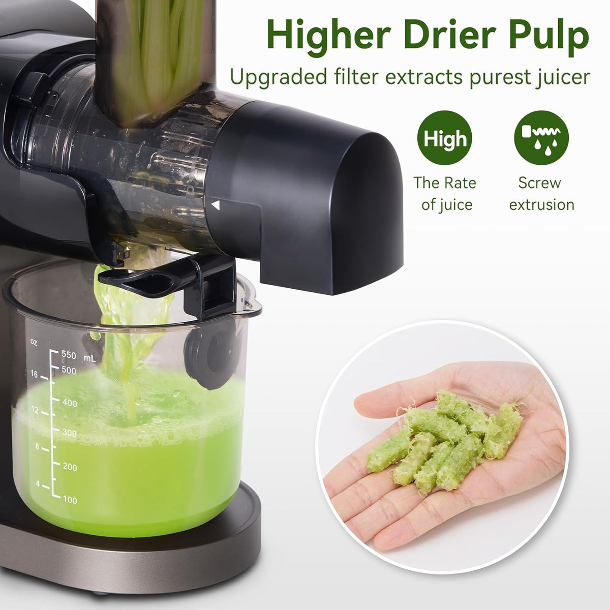 Juicer Machine,Slow Masticating Juicer with 2 Speed Modes & Quiet Motor,Cold Press Juicer Machines Vegetable and Fruit with Reverse Function,Celery Juicer,BPA-Free,Easy to Clean