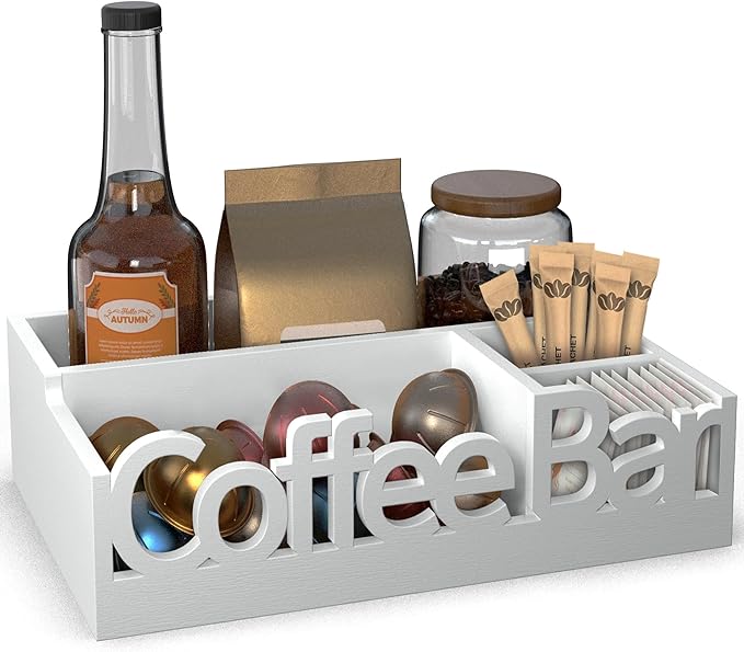 Coffee Bar Organizer for Countertop – Wooden Coffee Station Caddy with Compartments for Pods, Condiments, Tea, and Accessories – Home and Office Mini Coffee Station Organizer (White)