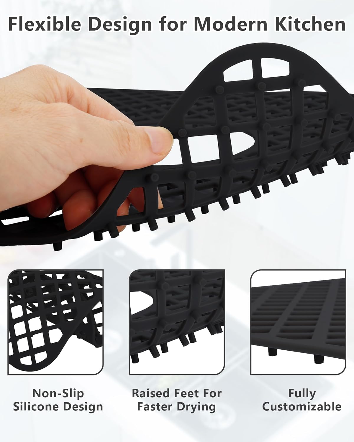2 Pack Silicone Sink Protector for Kitchen Sink, Lozenge Pattern 13 x 11 inches Sink Grid Mat Silicone Protectors, Center Drain, Black
