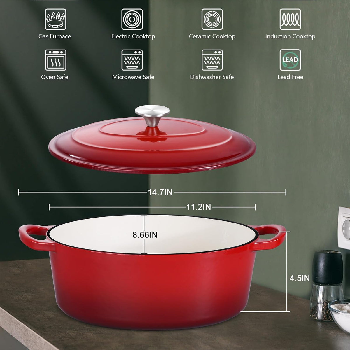 5QT Oval Dutch Oven Pot with Lid, Leonyo 5 Quart Enameled Oval Cast Iron Dutch Oven for Sourdough Bread Breaking, Heavy Duty Cookware for Braising, Stews, Roasting, Red