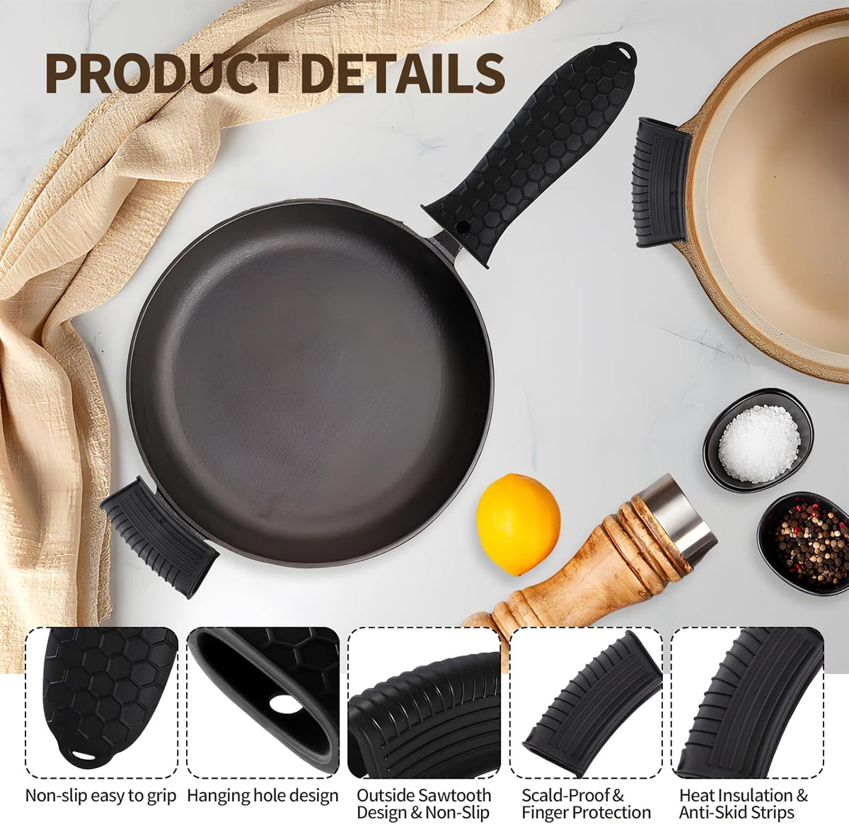 Cast Iron Skillet Handle Covers - 3 Pack Non-Slip Pot Handle Covers Potholder, Heat Resistant Silicone Pan Handle Sleeve for Cast Iron Skillet Metal Pan (Black)