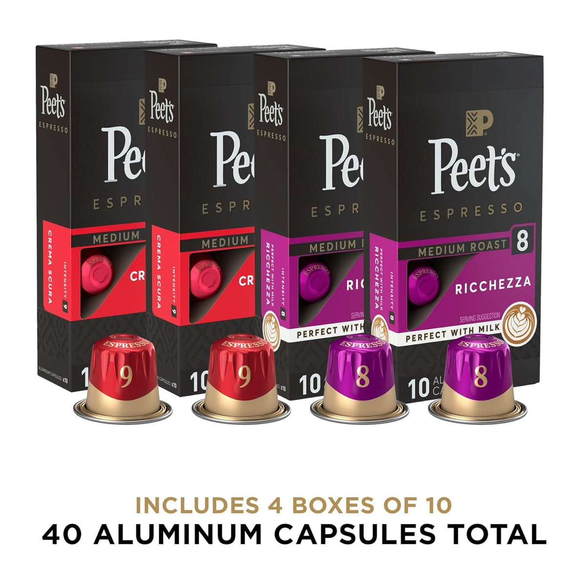 Peet's Coffee, Medium Roast Espresso Capsules Variety Pack, Compatible with Nespresso Original Machine - Intensity 8-9, 40 Count (4 Boxes of 10 Espresso Capsules)