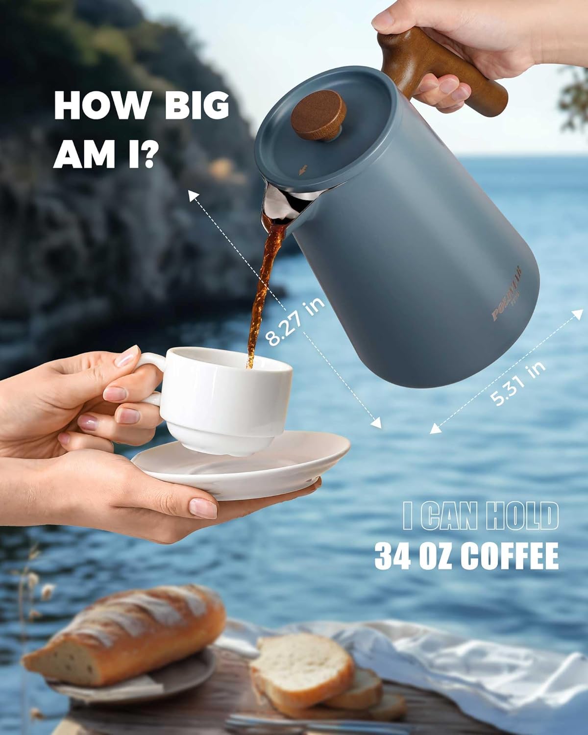 POLIVIAR French Press Coffee Maker, 34 oz Coffee Press with Real Wood Handle, Double Wall Insulation & Dual-Filter Screen, Food Grade Stainless Steel for Good Coffe and Tea, JX2025-XFPU