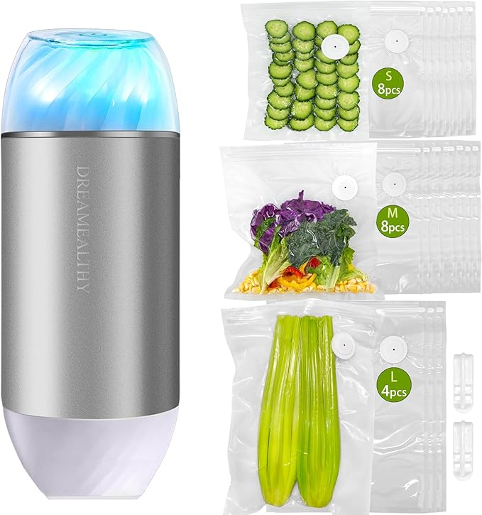 Auto Handheld Vacuum Sealer for Food - Compact Vacuum Sealer with 20 BPA-Free Reusable Air-Valve Bags, 8 Small, 8 Medium, 4 Extra-long), One-Touch Sealing Portable Sealer for Sous Vide&Freshness.