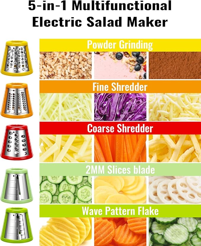 Electric Cheese Grater Salad Shooter,5-In-1 Electric Slicer For Home Kitchen,One-Touch Easy Control,With Safety Push Bar Cheese Grater Electric For Zucchini,Cheese,Vegetables And Smoothie