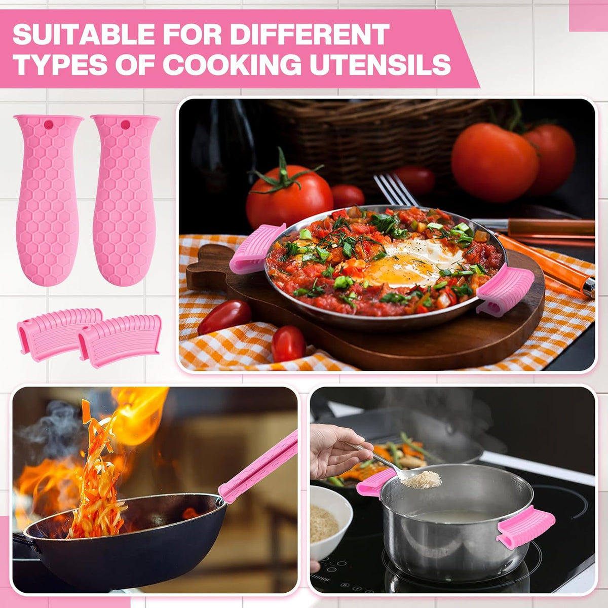 Patelai 8 Pcs Silicone Pot Holders Cast Iron Handle Cover Heat Resistant Pot Handle Covers Potholder Non Slip Reusable Pan Sleeve for Frying Pan Kitchen Supplies(Pink)