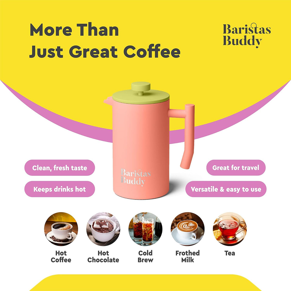 Cute Pink French Press Coffee Maker - Colorful, Retro And Stylish Insulated Coffee Brewer - Large Size Brews 4 Cups