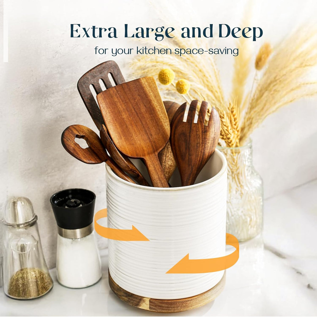 DOWAN 360° Rotating Extra Large Cooking Utensil Holder, 7.6" Kitchen Utensil Holder for Countertop, Utensil Crock for Farmhouse Kitchen Decor, Ceramic Stable Utensil Caddy, White