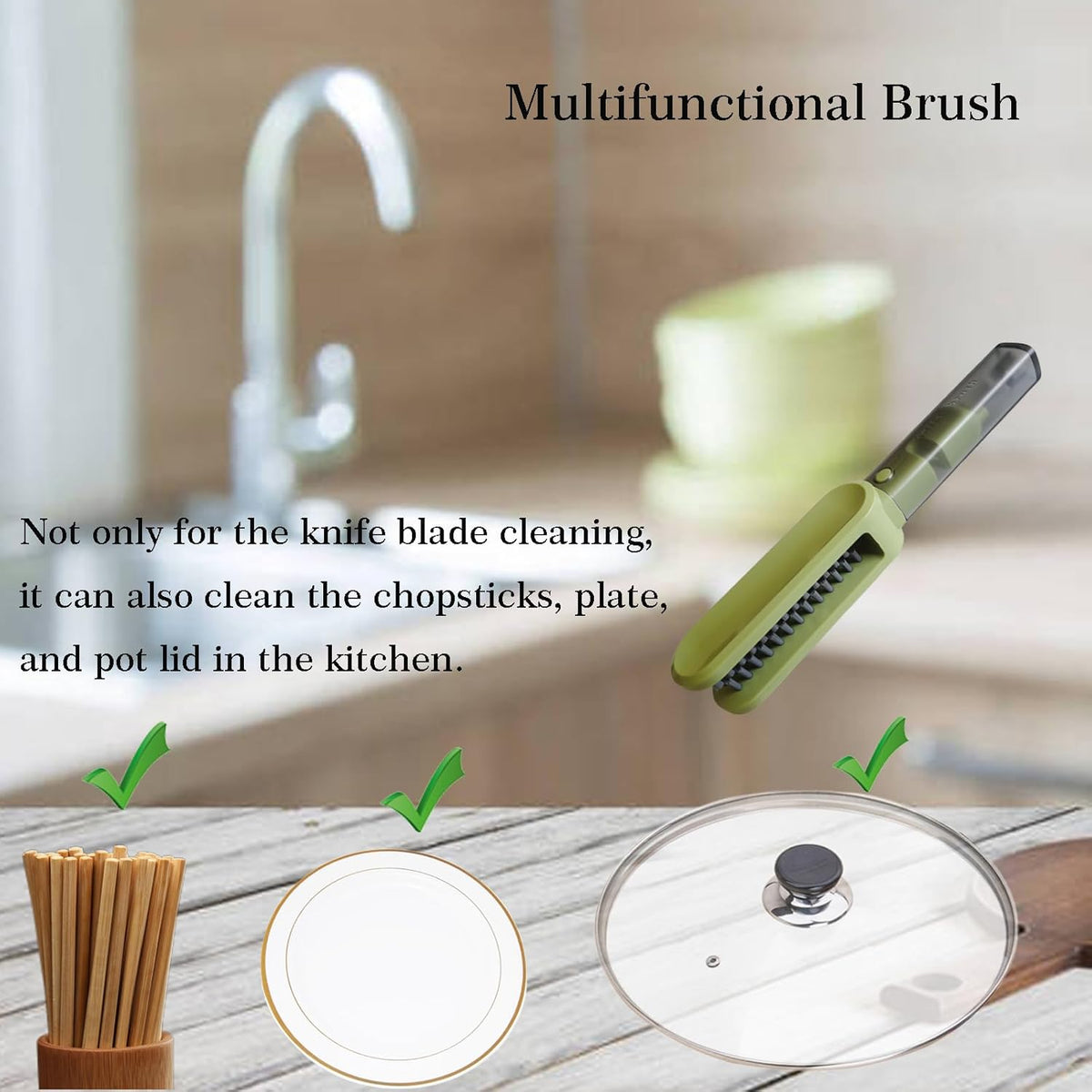 Knife Blade Brush with Long Handle and Lid Integrate Knife Sharpener and Gap Cleaning Brush, Double Side Bristle Scrubber for Kitchen knife Blade Chopsticks Dish Cutlery Fork Spoon's Washing