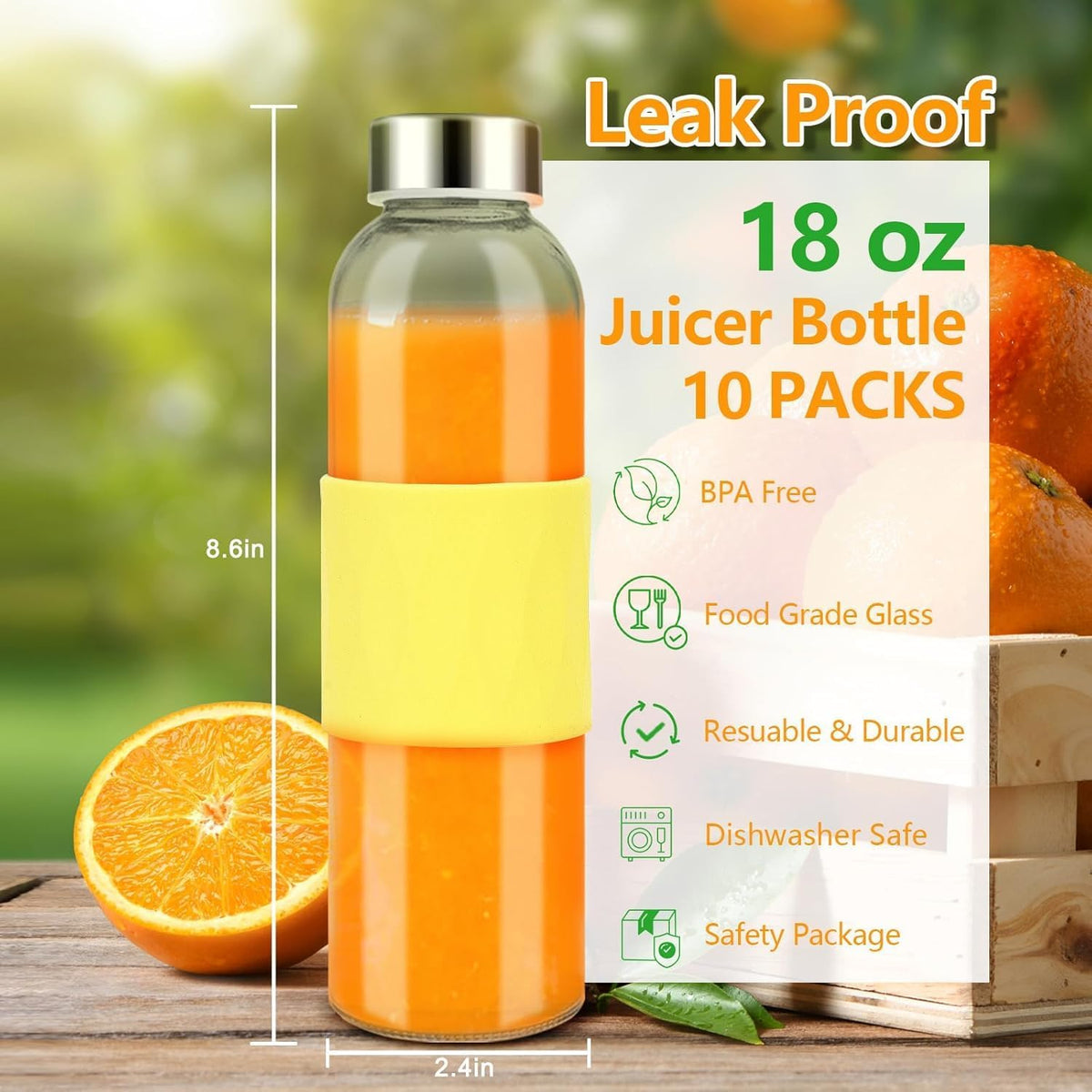 Zukro Glass Water Bottles with Lids 18 oz, Reusable Clear Juice Bottles Stainless Steel Airtight Cap for Juicing, 100% Leak Proof Juice Drinking Jar With Sleeve for Refrigerator, BPA Free, Set of 10