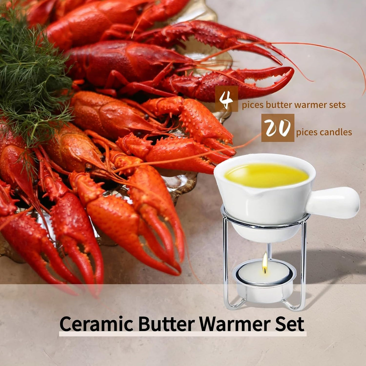 Reasim Butter Warmer for Seafood Set of 4,Lobster Butter Warmer Crab Butter Warmer Set with 20 Pcs Tealight Candles,Ceramic Drawn Butter Melter for Chocolate Cheese,Fondue Seafood Boil Party supplie