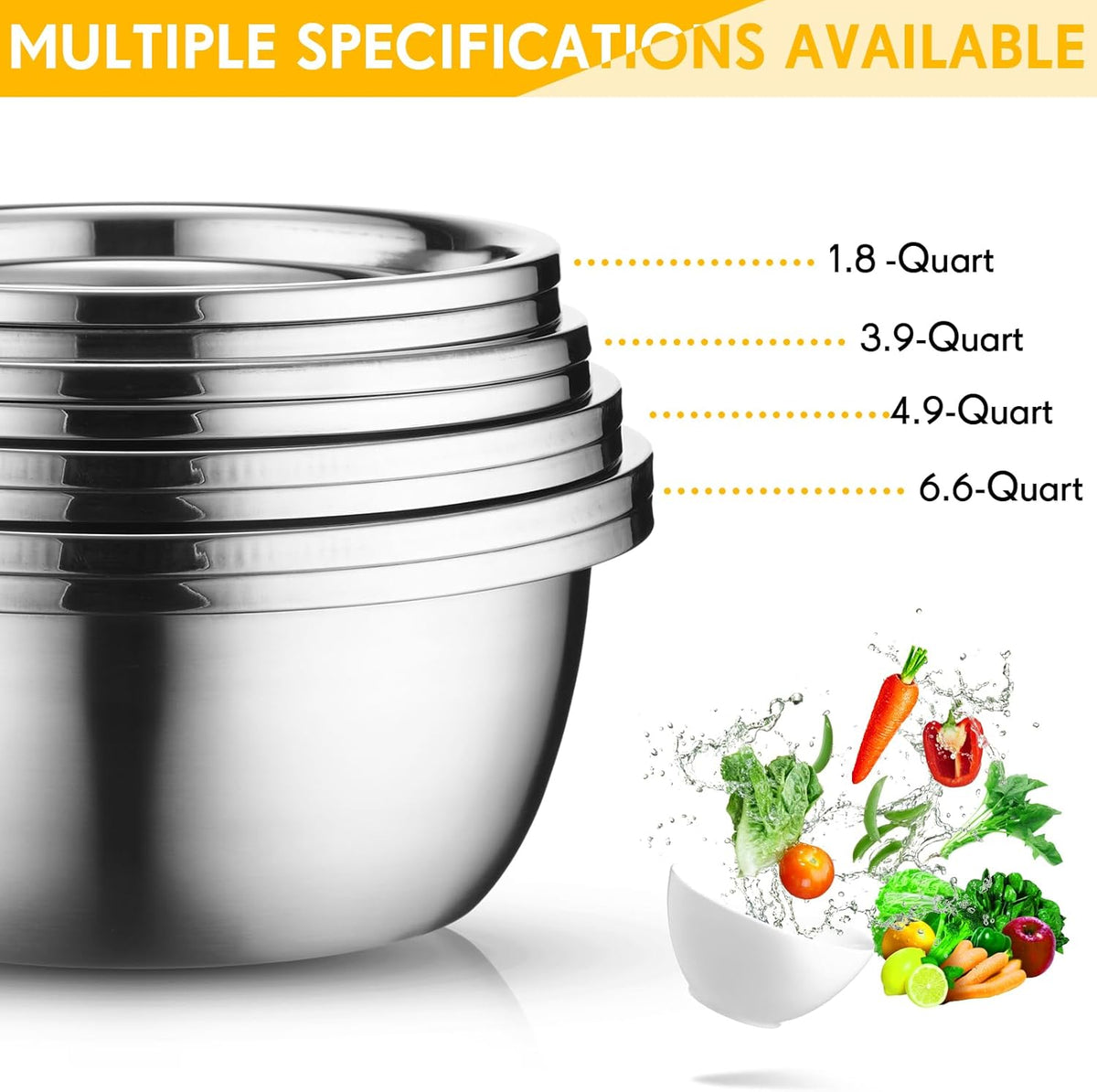 Uiifan 8 Pcs Stainless Steel Mixing Bowl with Stainless Steel Colander Rice Washing Colander Bowl Set Nesting Bowls for Washing Draining Storage(1.8/3.9/4.9/6.6 QT)