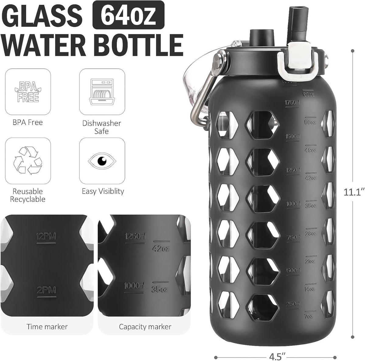 MUKOKO 64oz Glass Water Bottles with Straw and Lid,Half Gallon Water Bottle with Time Marker,Large Glass Water Jug with Silicone Sleeve and Stainless Steel Handle-Black