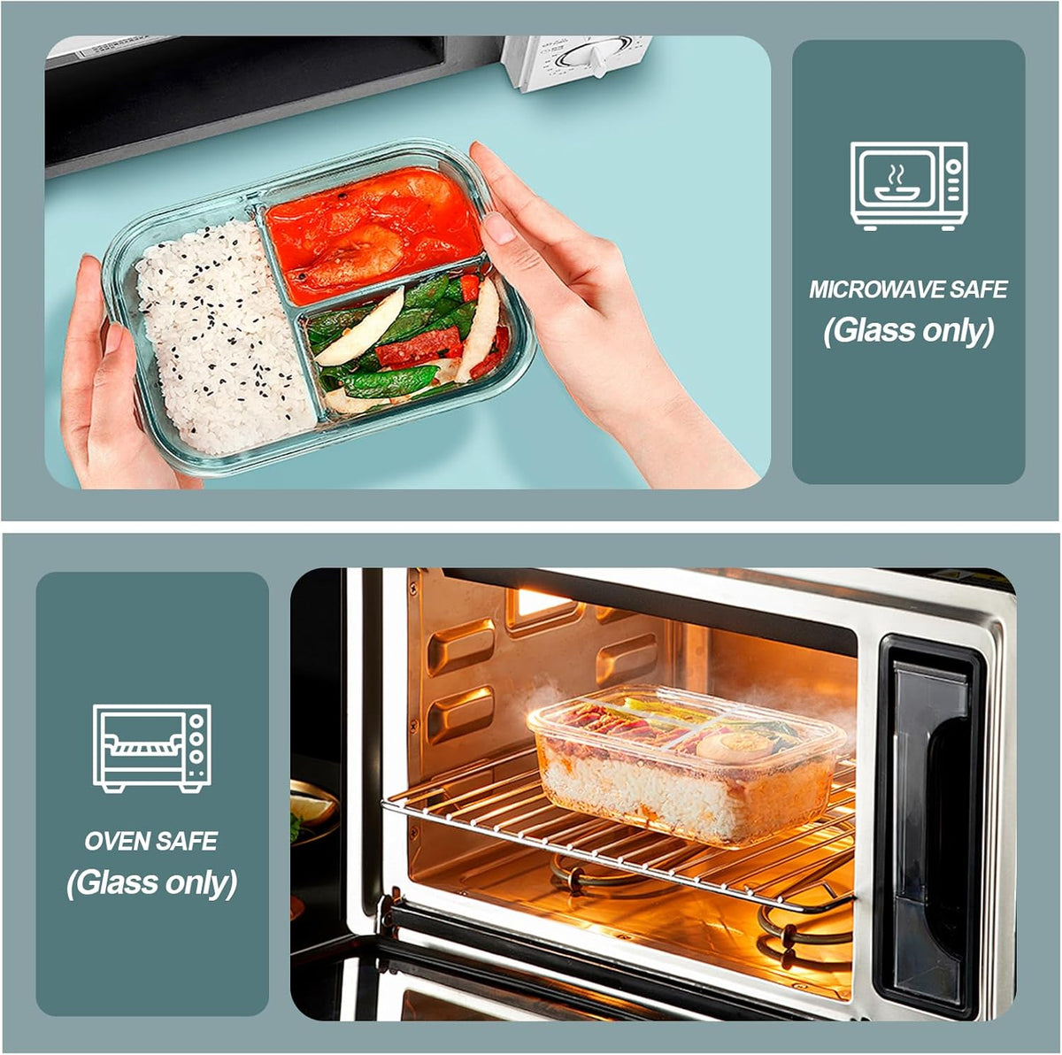 KOMUEE Glass Meal Prep Containers 3 Compartments, 5 Pack 36 oz, Glass Food Storage Containers with Lids, Airtight Lunch Bento Box, Portion Control, Freezer and Microwave Safe, White