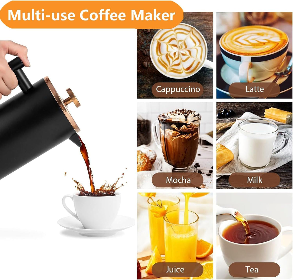 Stainless Steel French Press Coffee Maker 1500ml, Black Double-Wall Insulated Large French Coffee Press for travel camping,Large Capacity （50oz, Black）