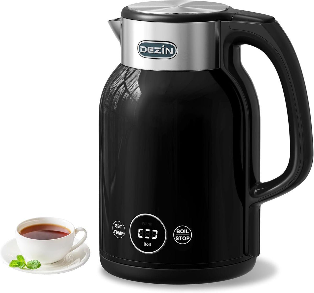 DEZIN Electric Kettle Temperature Control, 1.7L Stainless Steel Electric Tea Kettle with LED Display, 1200W Rapid Boil, 12H Keep Warm, 9 Presets Modes Hot Water Boiler Heater for Tea, Coffee, Black