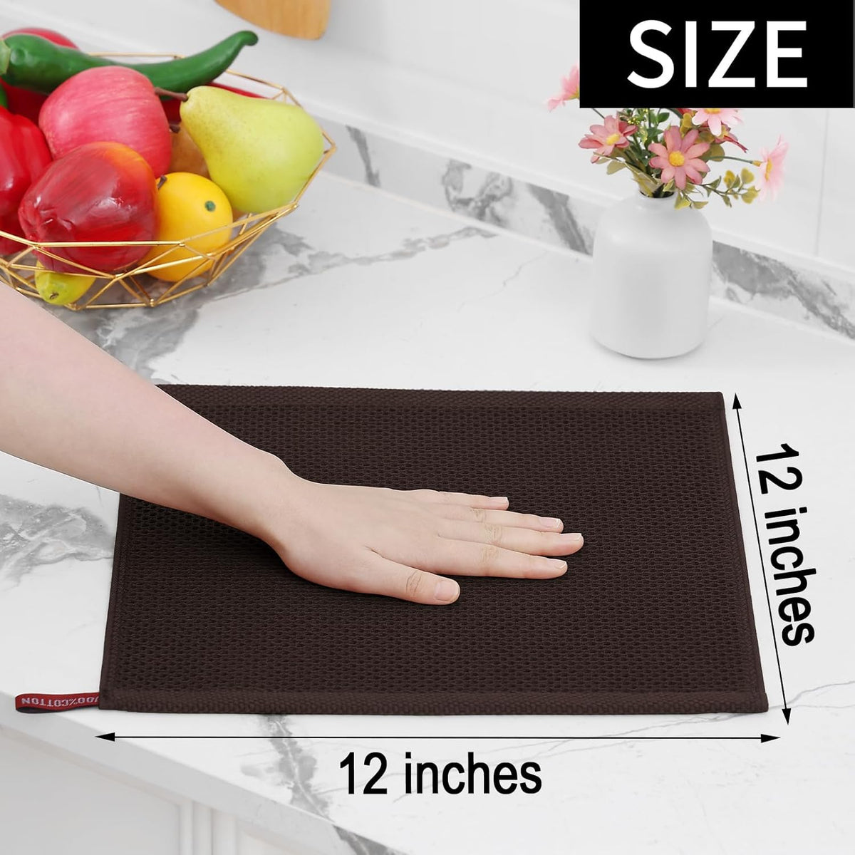Homaxy 100% Cotton Waffle Weave Kitchen Dish Cloths, Ultra Soft Absorbent Quick Drying Dish Towels, 12 x 12 Inches, 6-Pack, Dark Brown