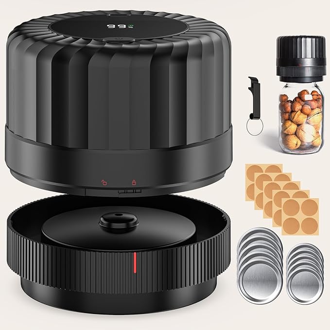 HTPOW Electric Mason Jar Vacuum Sealer - Fully Automatic Mason Jar Vacuum Sealer Kit for All Mason Jars with Regular Lids and Wide Mouth Lids, A Must-Have Tool for Canned Foods/Pantry - Black