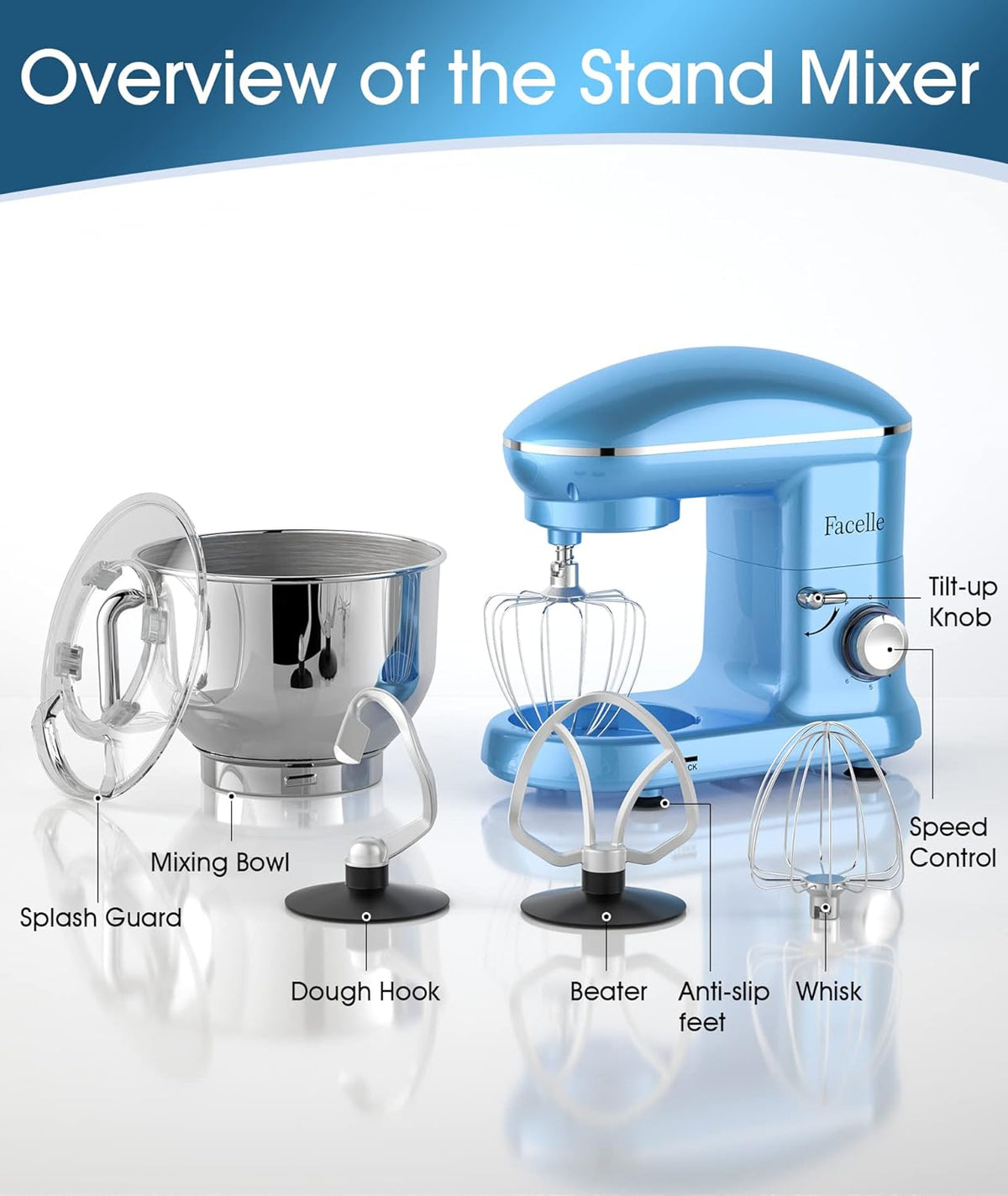 Facelle Stand Mixer, Electric Kitchen Mixer, 660W 6 Speed Tilt-Head stand mixer with Pulse, Attachments include 6.5QT Bowl, Dishwasher Safe Beater,Dough Hook,Whisk for Dough,Baking,Cakes,Cookie - Blue