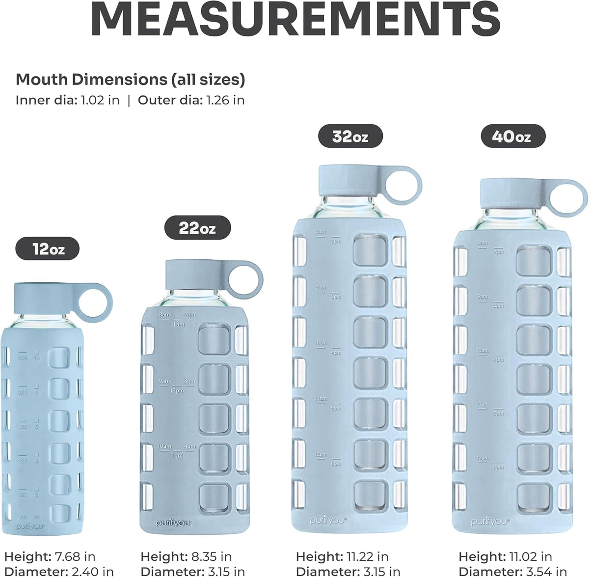 purifyou 40oz / 32oz / 22oz / 12oz Borosilicate Glass Water Bottle with Time & Volume Markers, Silicone Sleeve, Stainless Steel Lid – Reusable Glass Bottle for Water & Juice (12oz Ice Blue)