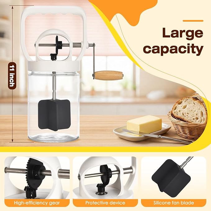 CAROD Traditional Manual Butter Churn Maker, 1.2L Capacity Glass Jar with Sifting Lid, Create Delicious Homemade Butter within 15 Min, Upgraded Design Protect from Injury