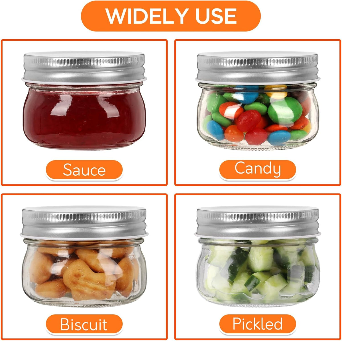 4 oz Mason Jars With Silver Lids, 24 Pack Regular Mouth Canning Jars for Jam, Honey, Yogurt, Spices, Snacks, DIY Projects, Wedding Favors- Includes 30 Stickers