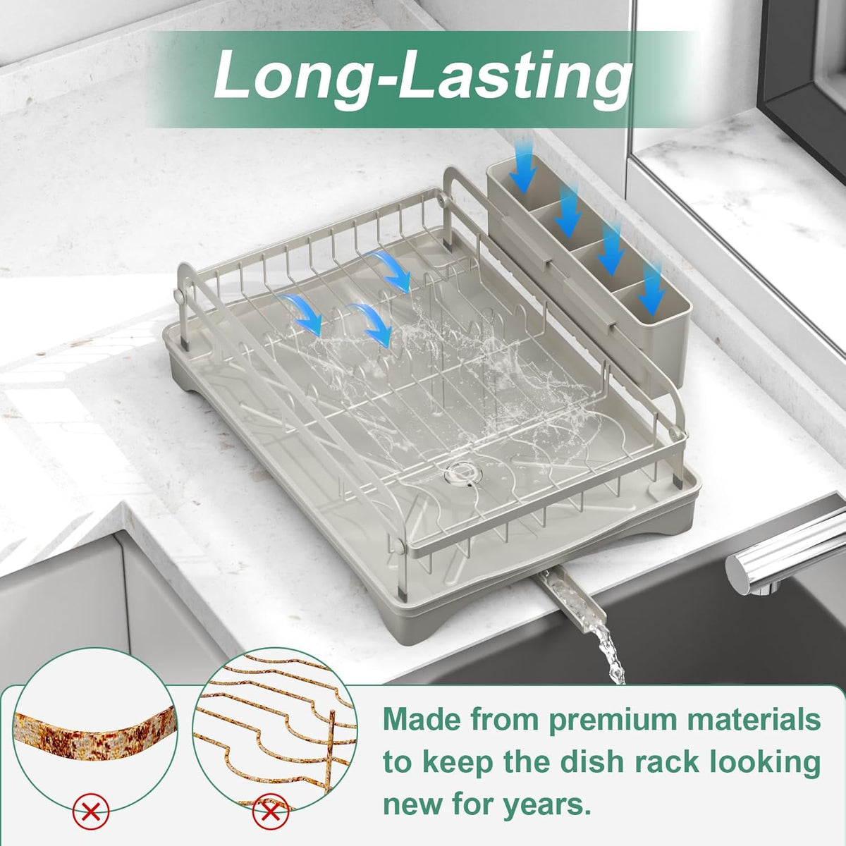Dish Drying Rack,Dish Racks for Kitchen Counter,Metal Dish Drainer with Adjustable Drainage Spout,Removable Knife and Fork Holder (Grey)